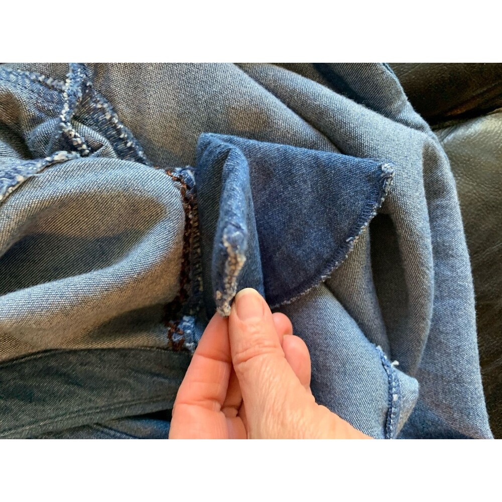 Vtg Koret Crochet Granny Square Blue Denim Button Up Shirt Size PS Boho Cottage - Picture 9 of 15